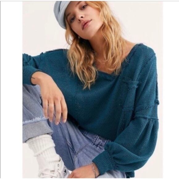 We The Free Sweaters - WE THE FREE Blue Lagoon Puff Sleeve Sweater Top